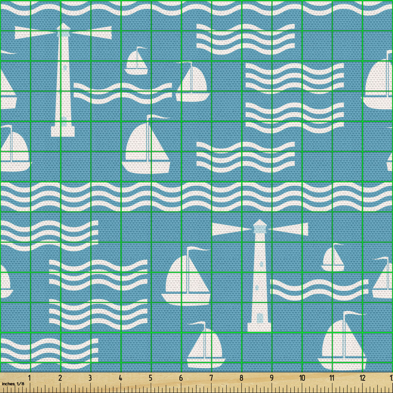 Okyanus Parça Kumaş Kıvrımlı Çizgiler ile Deniz Feneri ve Gemi