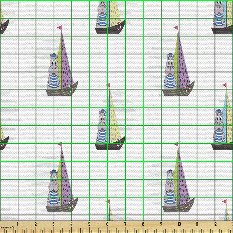 Deniz Parça Kumaş Komik Noktalı Yelkenliler ile Su Aygırı