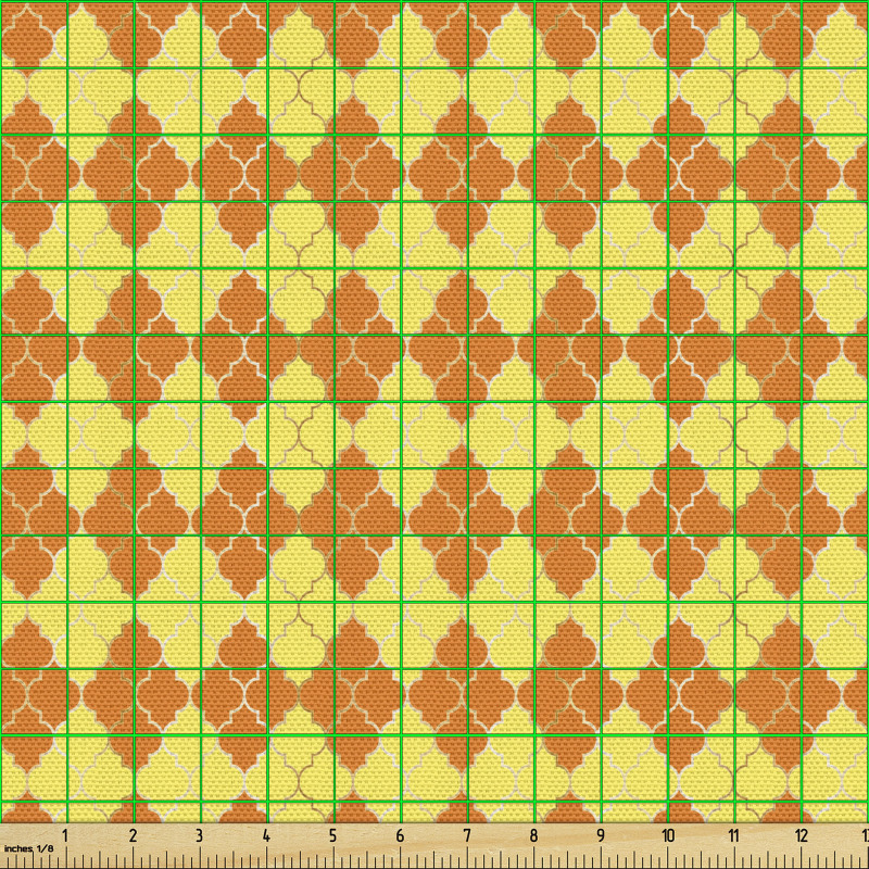 Geometrik Parça Kumaş Turuncu ve Sarı Kafes Motifli Yaprak