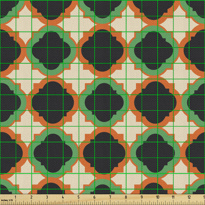 Geometrik Parça Kumaş Yeşil ve Turuncu Şekiller Desenli Şık