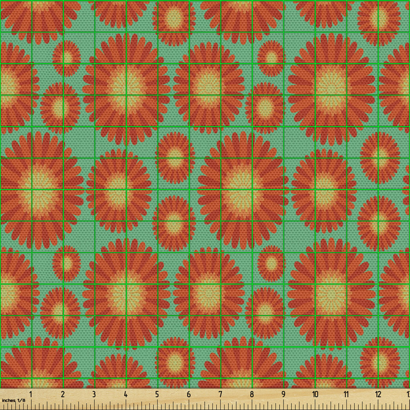 Floral Parça Kumaş Yeşil Fon Üzerindeki Zarif Gerbera Çiçekleri