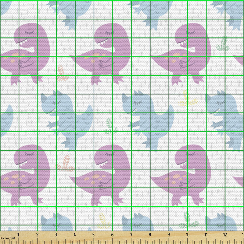 Doğa Parça Kumaş Dans Eden Dinazorlar ile Yapraklar ve Çizgiler