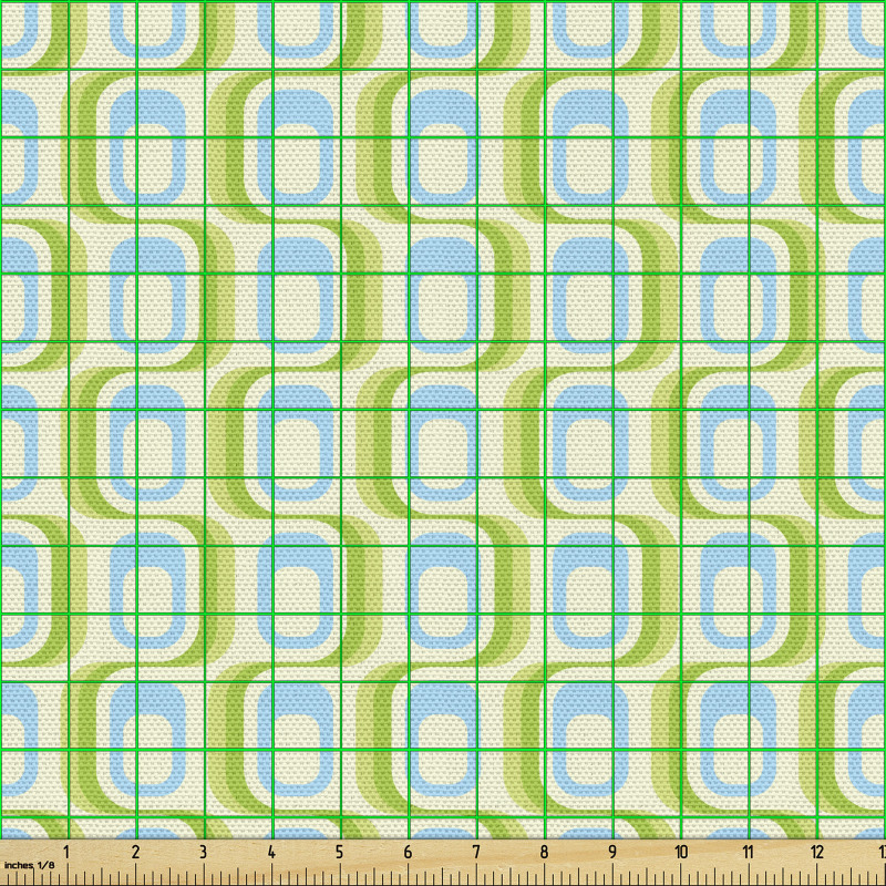 Retro Parça Kumaş Yeşil ve Mavi Geometrik Şekiller Desenli