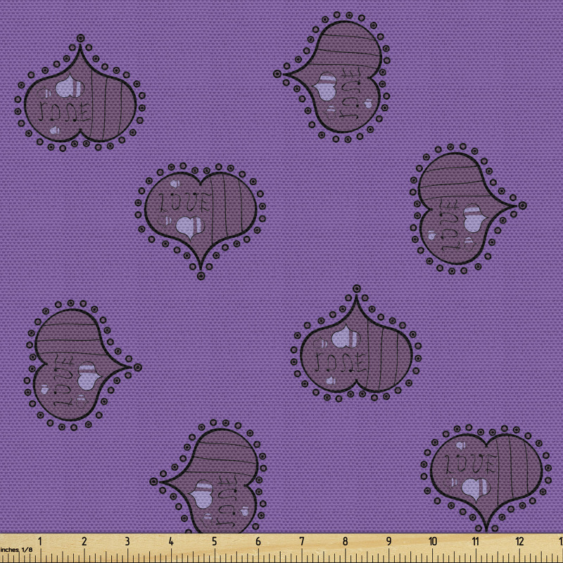 Yazılı Parça Kumaş Mor Fon Üzerinde Aşk Yazılı Kalpler Desenli