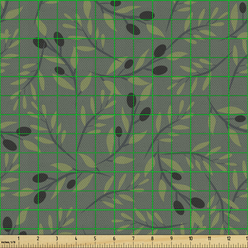 Floral Parça Kumaş Yeşil Daldaki Siyah Zeytin Desenli Yapraklar