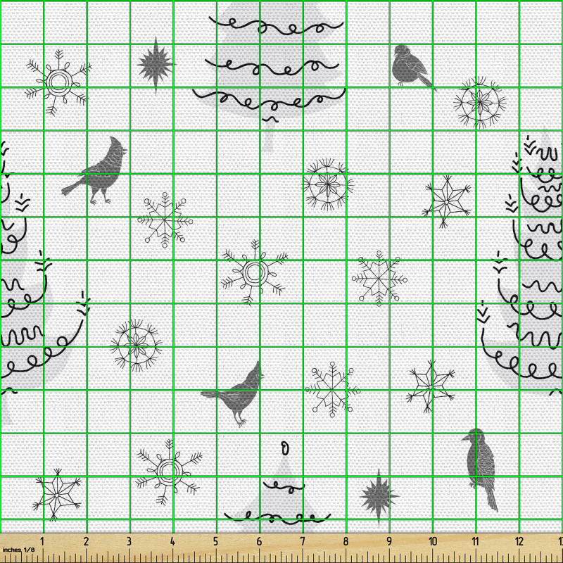 Mevsimler Parça Kumaş Kar Taneleri ve Kuşlar Desenli Beyaz