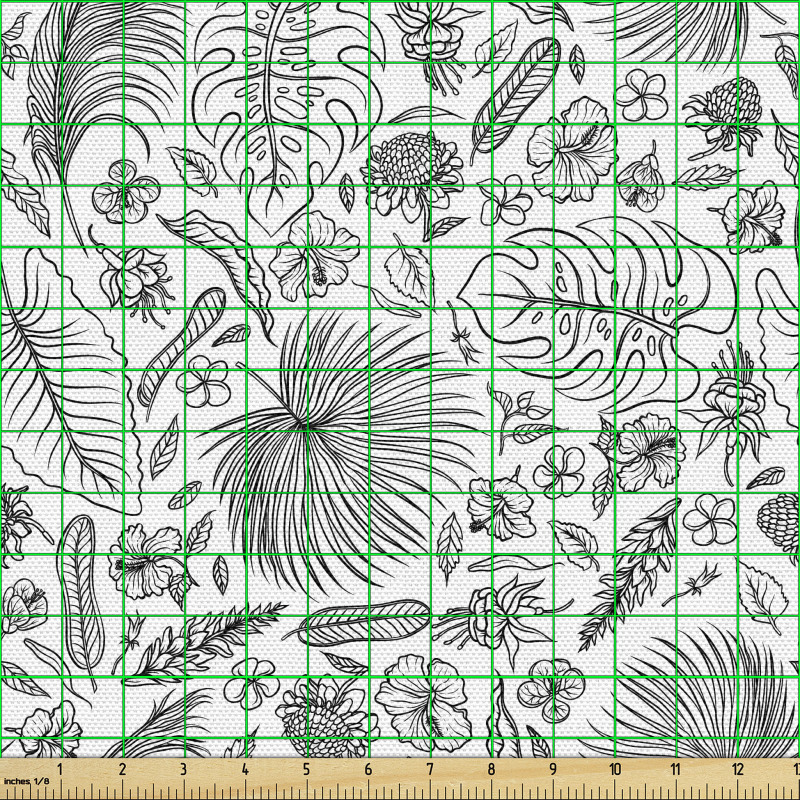 Çiçekli Parça Kumaş Mono Renkli Yaprak Çizimleri 
