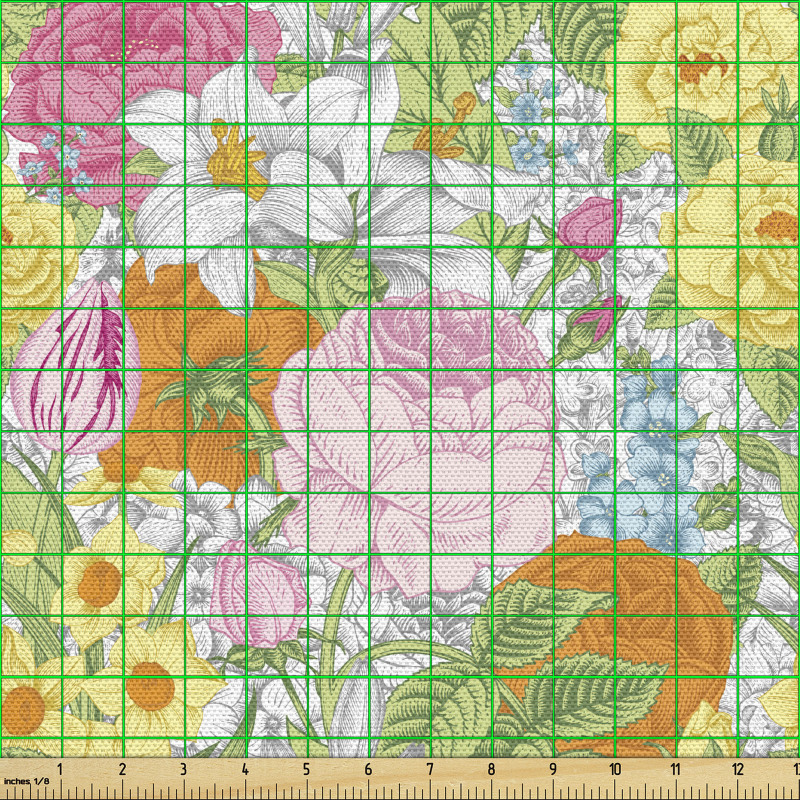 Botanik Parça Kumaş Rengarenk Klasik Çeşitli Yaz Çiçekleri 
