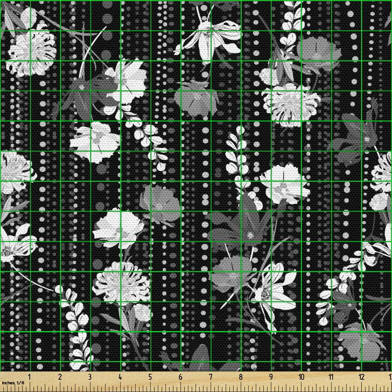 Botanik Parça Kumaş Siyah Fon Üzerine Artistik Çiçek Formları 