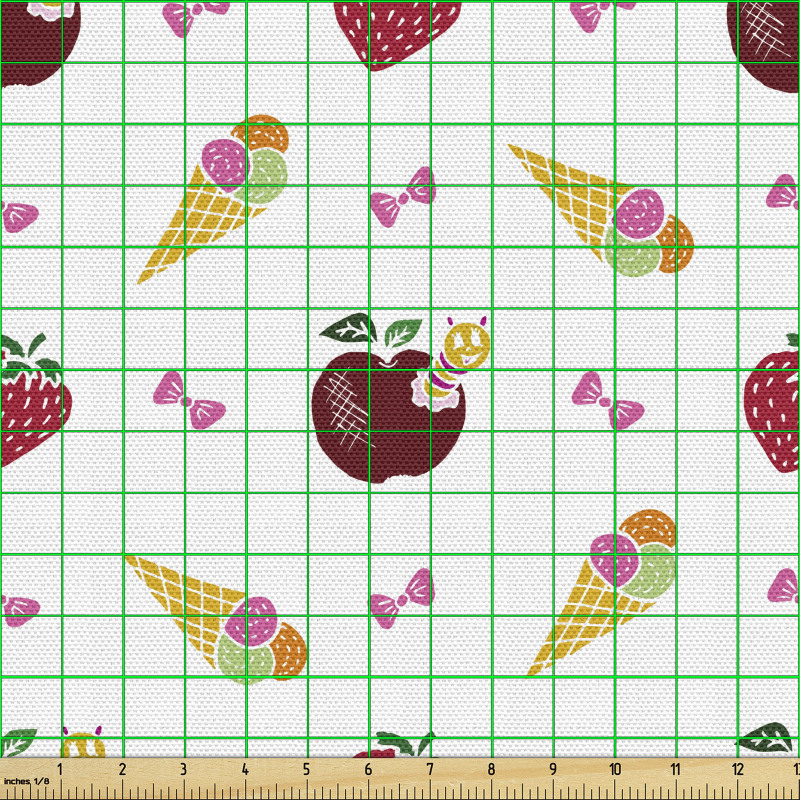 Meyve Parça Kumaş Rengarenk Dondurma ve Tırtıllı Elmalar Çizimi