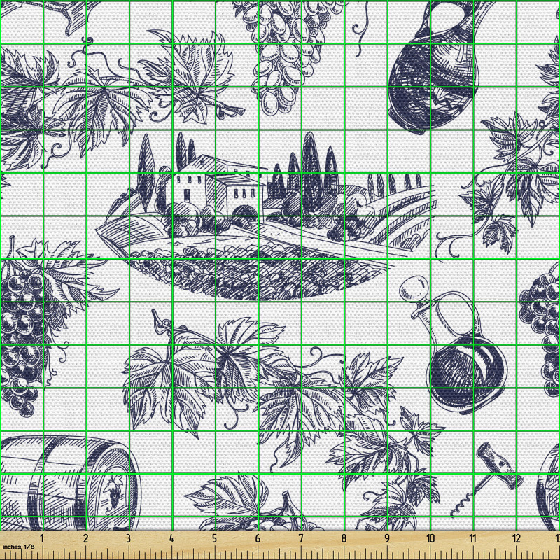 Kırsal Parça Kumaş Üzüm Yetiştiriciliği Temalı El Çizimli Desen