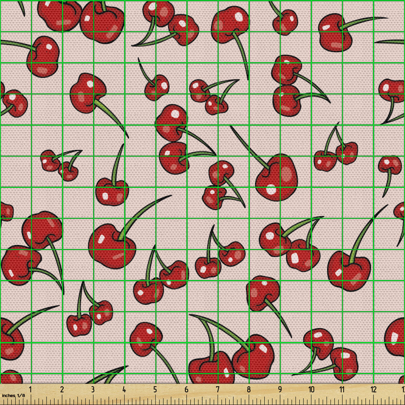 Meyve Parça Kumaş Parlak ve Canlı Dağınık Kiraz Deseni Çizimi