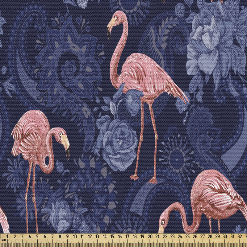 Tropikal Parça Kumaş Eski Moda Çiçek Çizimleri ile Flamingolar