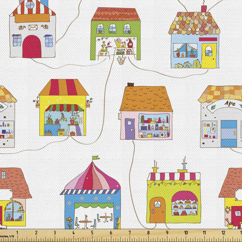 Karikatür Parça Kumaş Eğlenceli Rengarenk Sokak Evleri Çizimi
