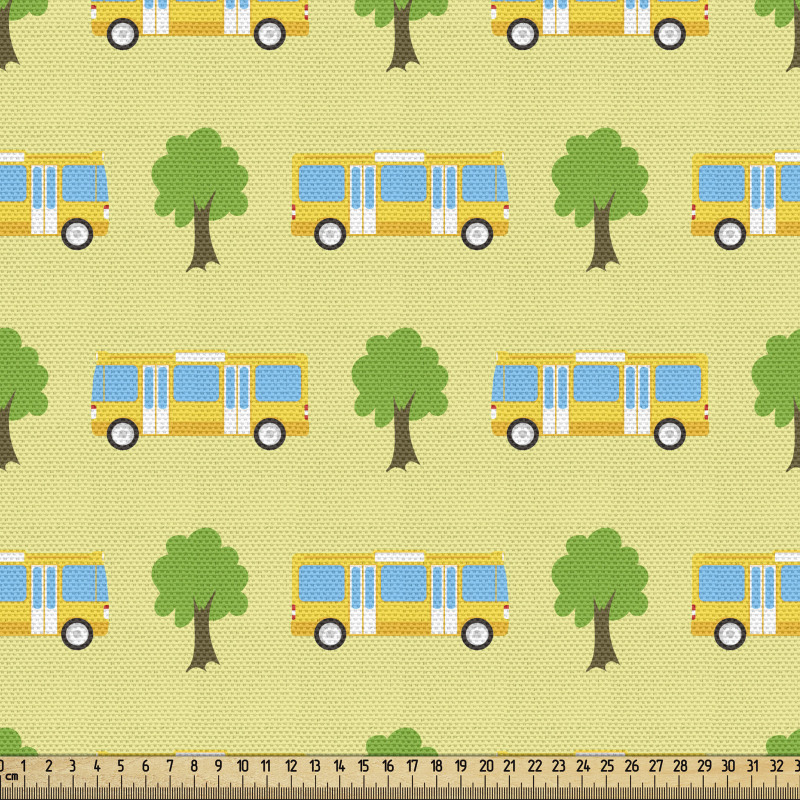 Karikatür Parça Kumaş Sarı Otobüs Açmış Bahar Ağaçları Deseni
