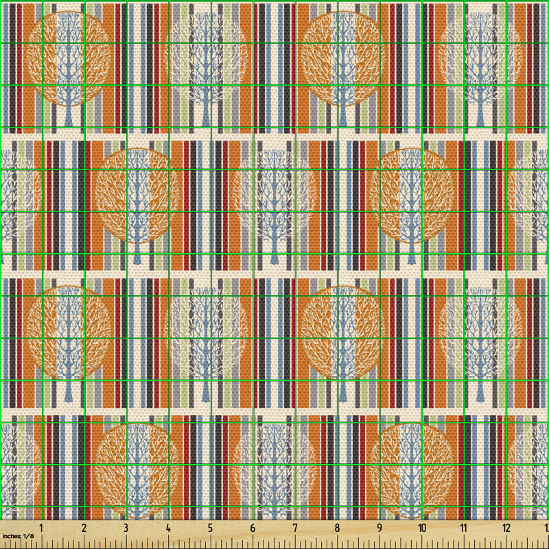 Geometrik Parça Kumaş Rengarenk Çizgili Fonda Ağaç Motifleri