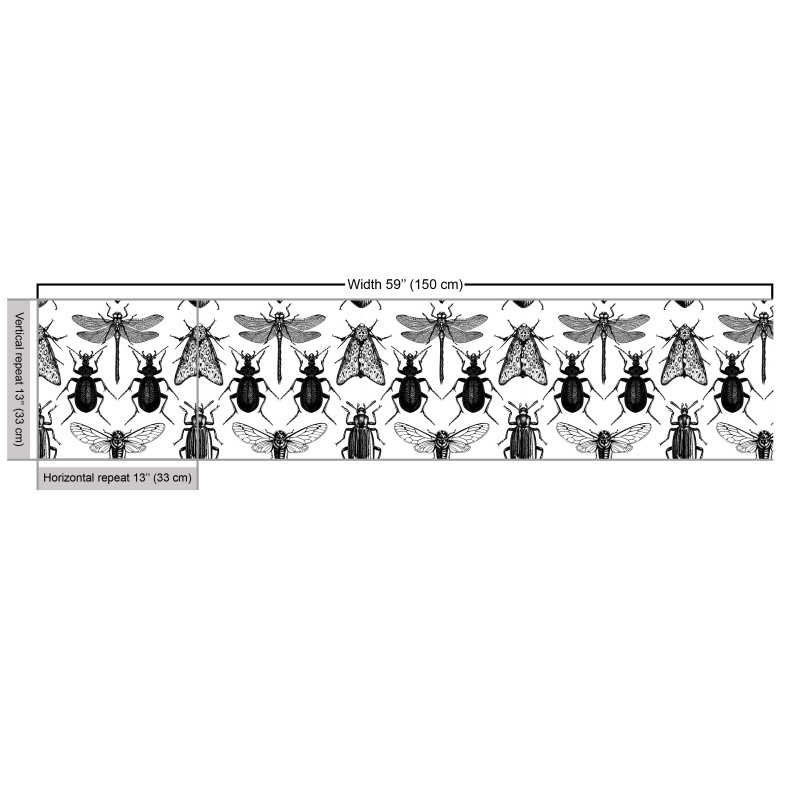 Yusufçuk Parça Kumaş Monokrom Çizimli Farklı Böcek Türleri 