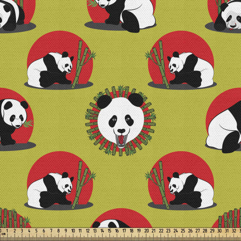 Bambu Parça Kumaş Kırmızı Dairelerde Çeşitli Panda Desenleri