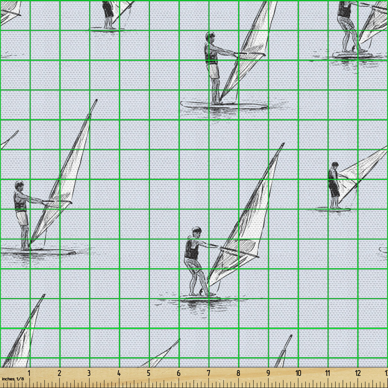 Denizcilik Parça Kumaş El Çizimli Tekrarlı Rüzgar Sörfçüleri 