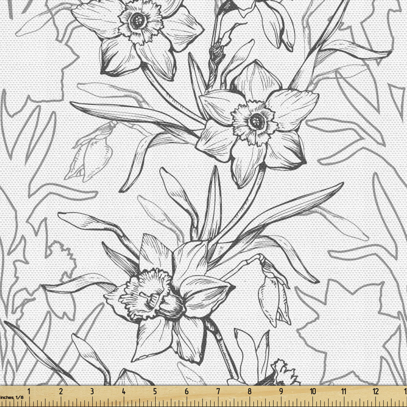 Monokrom Parça Kumaş El Çizimli Klasik Bahar Çiçekleri Dalları 