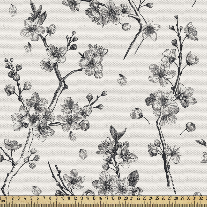 Monokrom Parça Kumaş Siyah Beyaz Botanik Çiçek Dalları Deseni