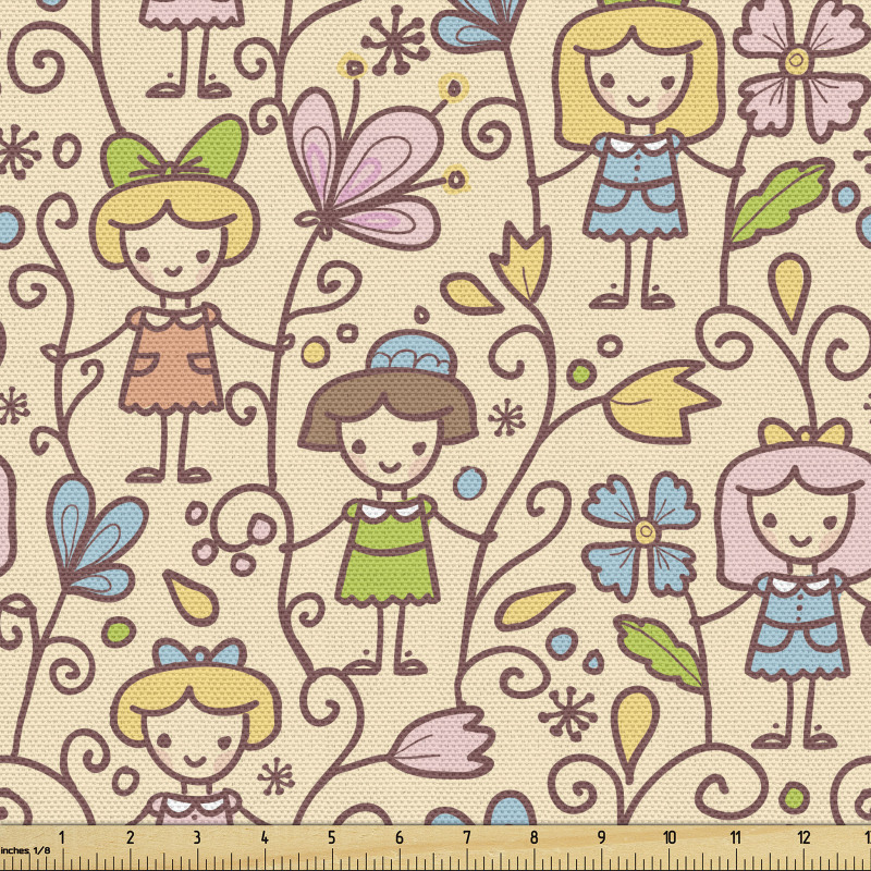Karikatür Parça Kumaş Sevimli Kız Çocuklar ve Çiçek Dalları 