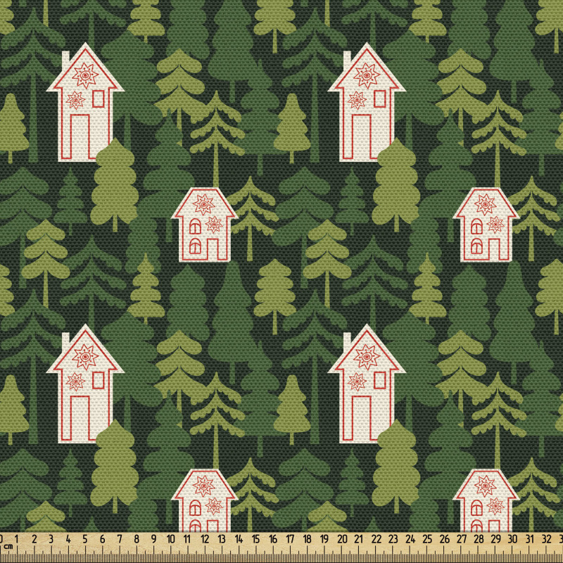 Orman Parça Kumaş Çam Ağaçları İçinde Küçük Kır Evleri Deseni