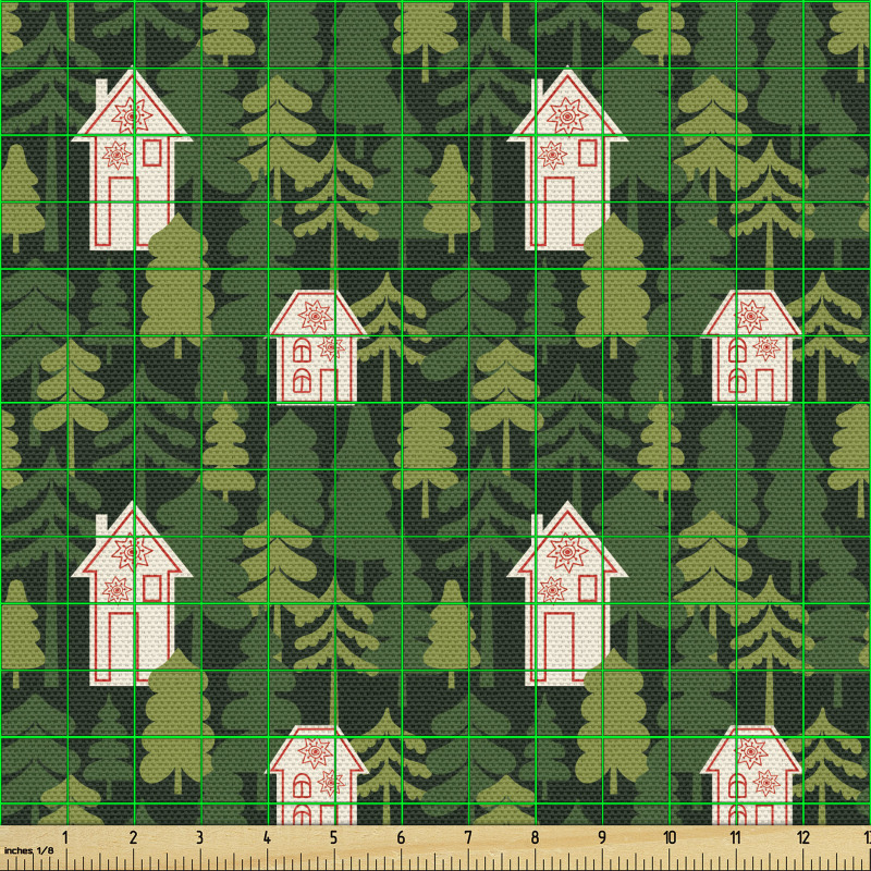 Orman Parça Kumaş Çam Ağaçları İçinde Küçük Kır Evleri Deseni