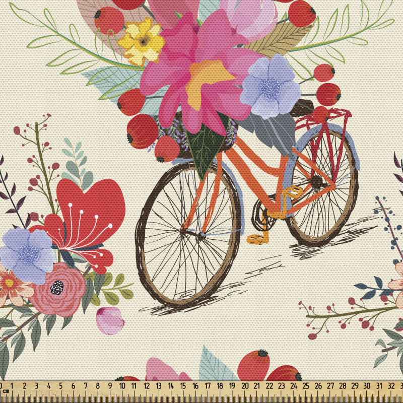 Çiçekli Parça Kumaş Bahar Zamanı Bisiklet Keyfi İlüstrasyonu