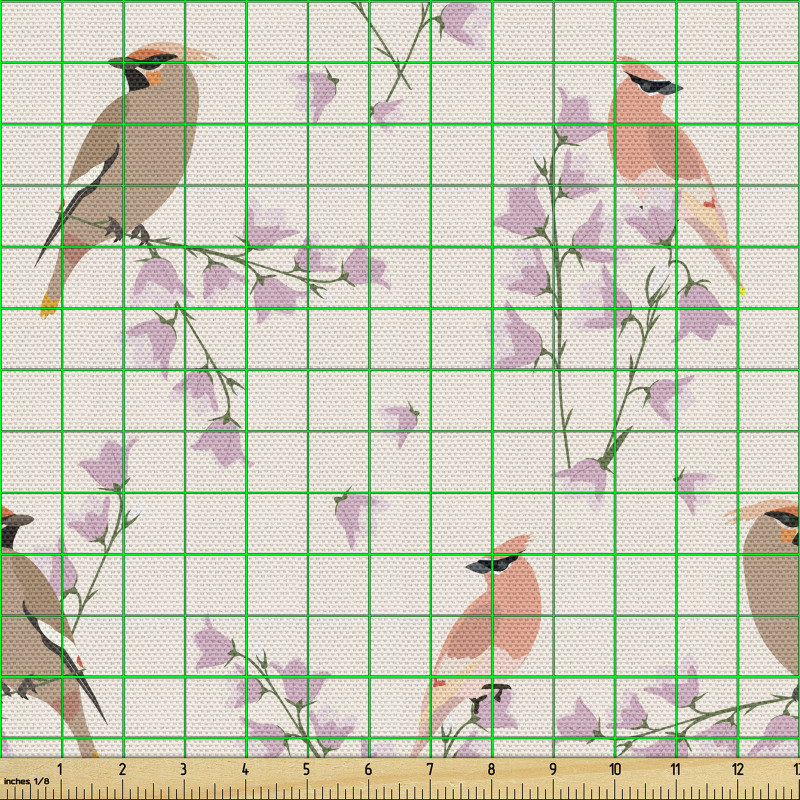 Botanik Parça Kumaş Tekrar Eden Dallar Üzerine Konmuş Kuşlar