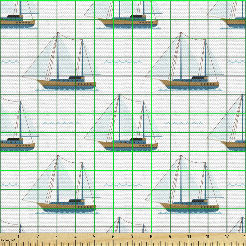 Deniz Parça Kumaş Soyut Tekrarlı Yelkenli Gemi Çizimli Tasarım