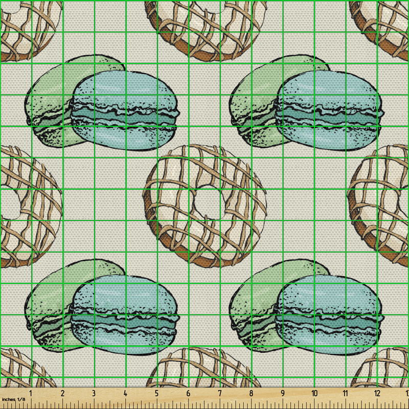 Tatlı Parça Kumaş Pastacı Temasında Donut ve Makaron Deseni