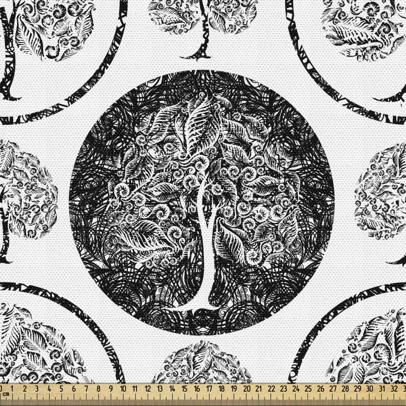 Botanik Parça Kumaş Antik Desenli Çember İçinde Ağaç Motifi