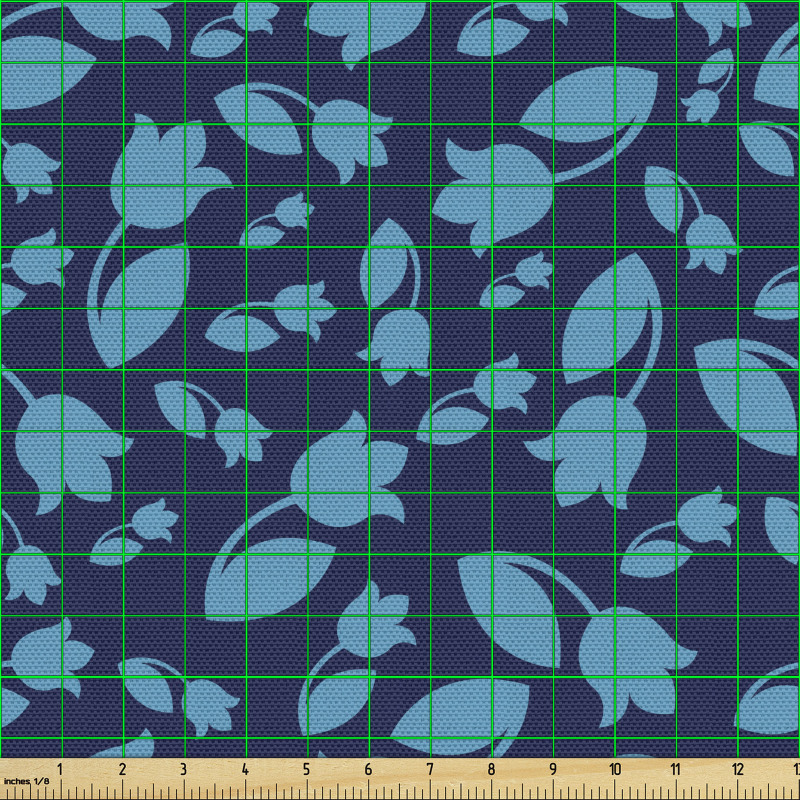 Floral Parça Kumaş Lacivert Fon Üzerinde Mavi Çiçek Desenli