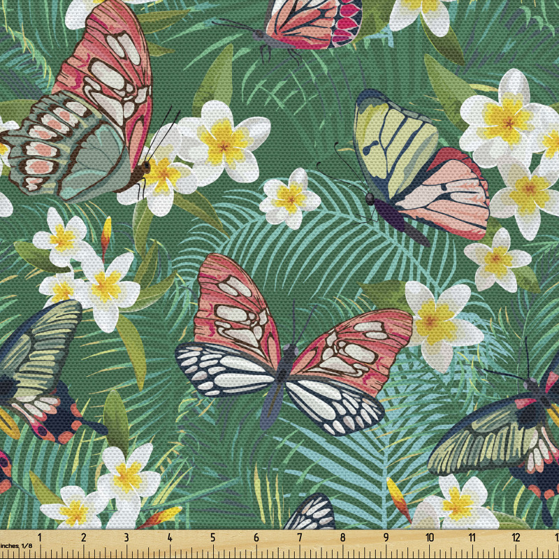 Tropikal Parça Kumaş Egzotik Çiçekler ve Rengarenk Kelebekler