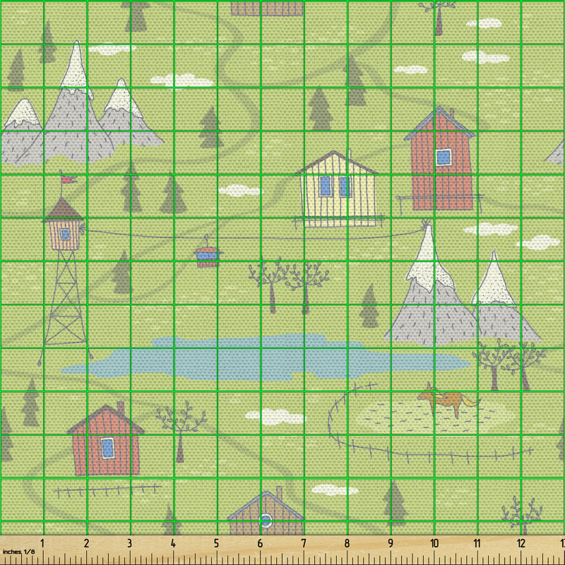 Soyut Parça Kumaş Kırsal Temalı Dağlık Alan ve Kulübeler Çizimi