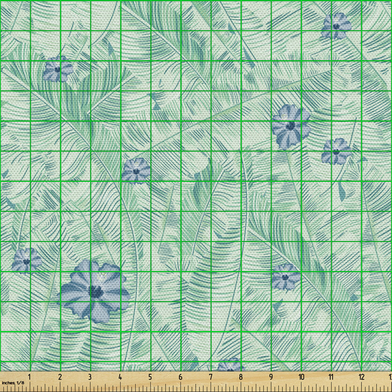 Tropikal Parça Kumaş El Çizimi Çiçekler ve Palmiye Yaprakları