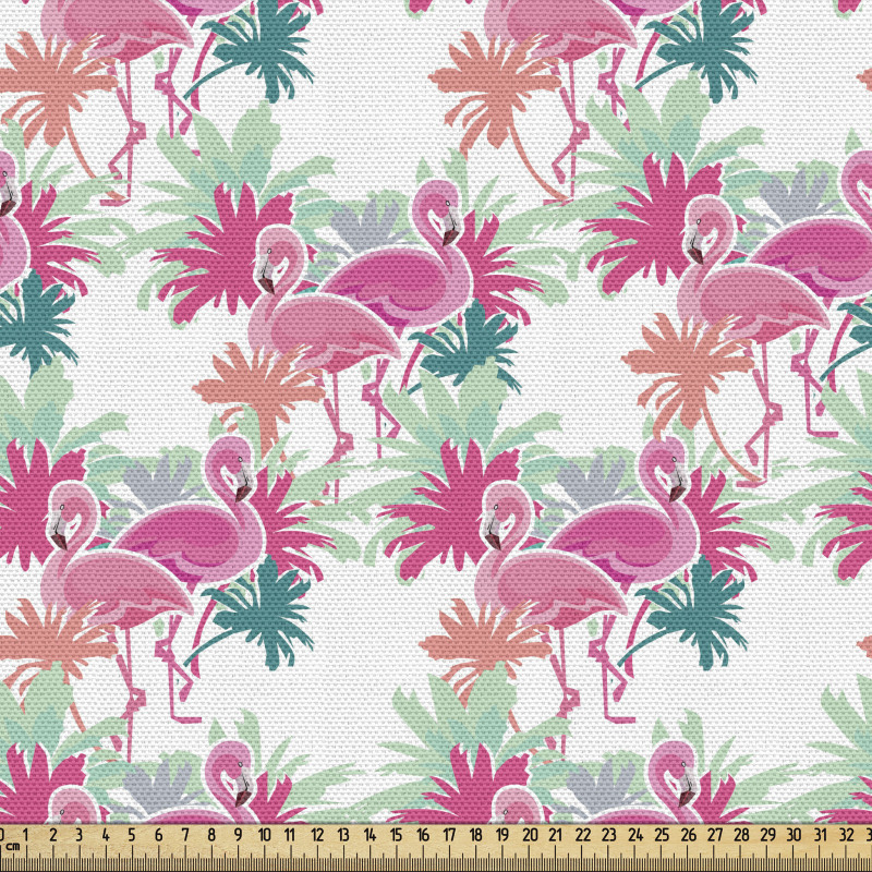 Flamingo Parça Kumaş Egzotik Kuşlar Tropik Yapraklar Tasarımı 