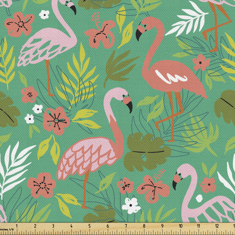 Doğa Parça Kumaş Eğlenceli ve Sevimli Flamingolar ile Yapraklar