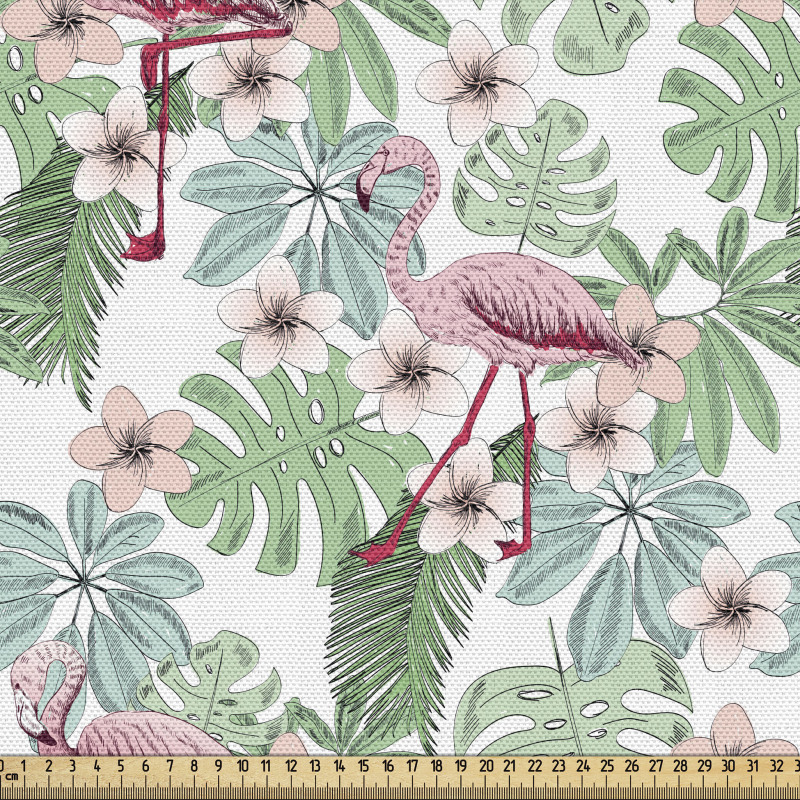 Tropikal Parça Kumaş Flamingo ile Yaprakların Romantik Çizimi
