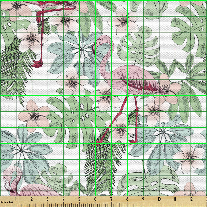 Tropikal Parça Kumaş Flamingo ile Yaprakların Romantik Çizimi