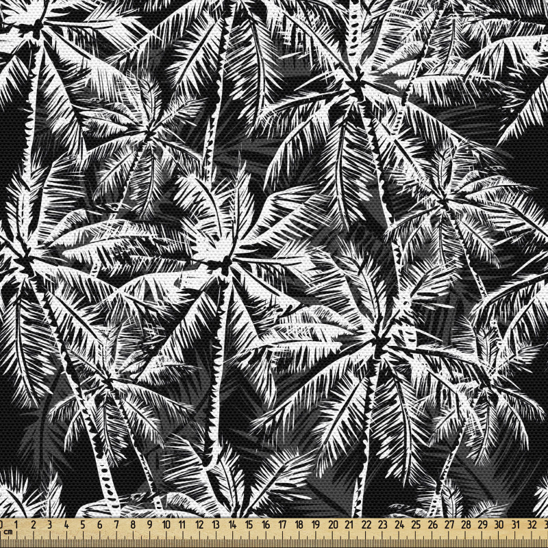Orman Parça Kumaş Monokrom Çizim Egzotik Palmiye Ağacı Motifi