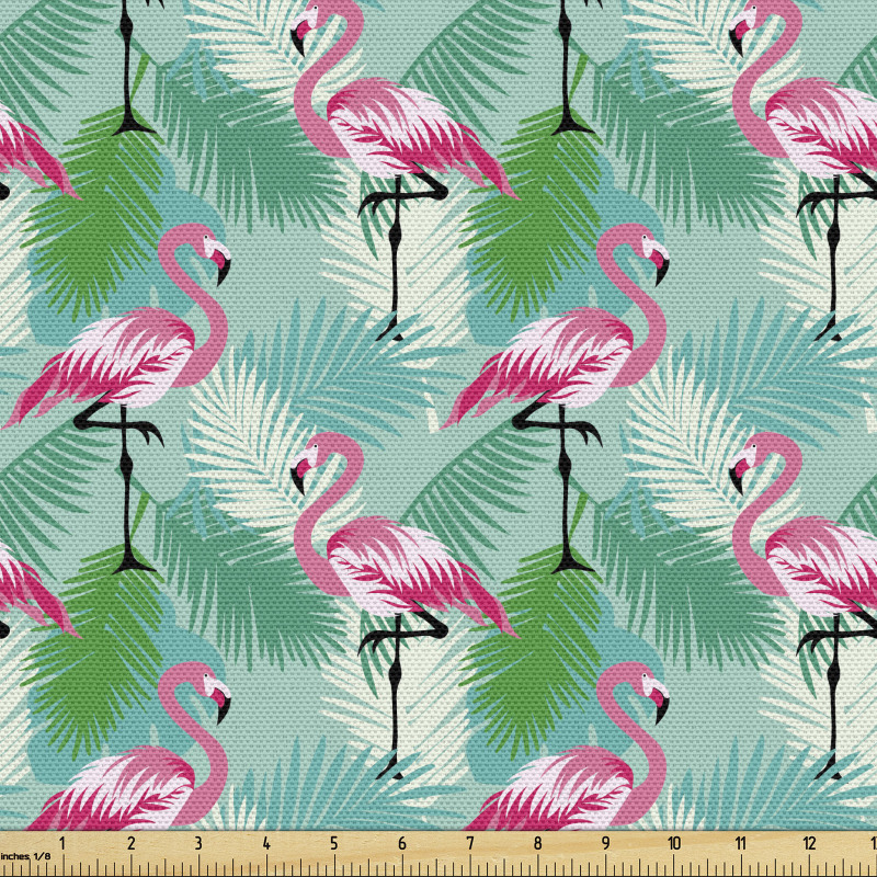 Egzotik Parça Kumaş Tropikal Yapraklar Flamingolar Renkli Desen