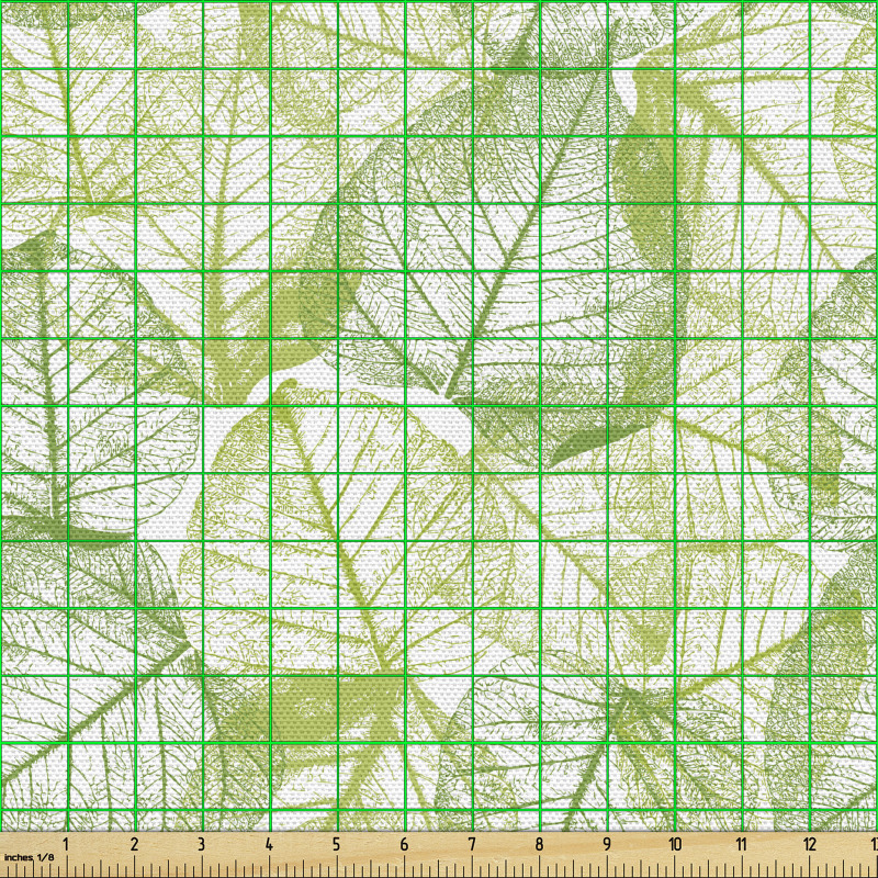 Floral Parça Kumaş Yeşil Yapraklı Damarlar Desenli Çizgili