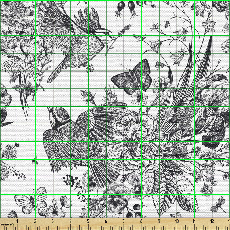 Bahçe Parça Kumaş Zarif Kuş Çiçek ve Kelebeklerin Eskiz Çizimi