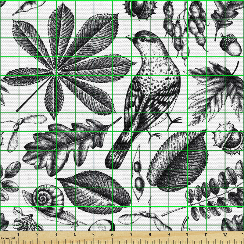 Monokrom Parça Kumaş El Çizimli Serçe Yaprak Böcek Doğa Deseni