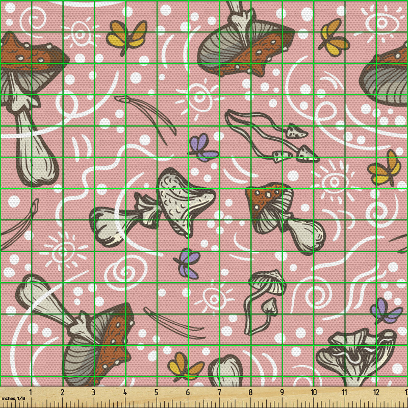Botanik Parça Kumaş Orman Mantarları ve Uçuşan Minik Kelebekler