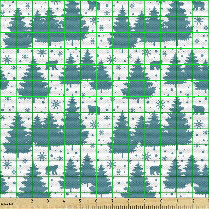 Orman Parça Kumaş Kış Temasında Silüetler Ayı ve Çam Ağaçları