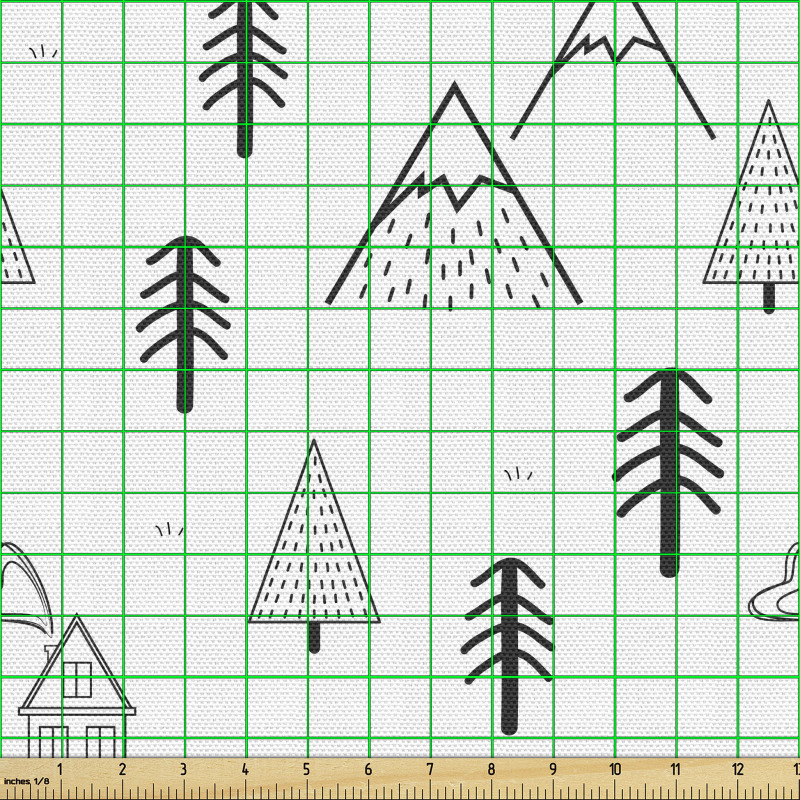 Nordik Parça Kumaş Minimalist Tasarım Monokrom Dağ ve Ağaçlar