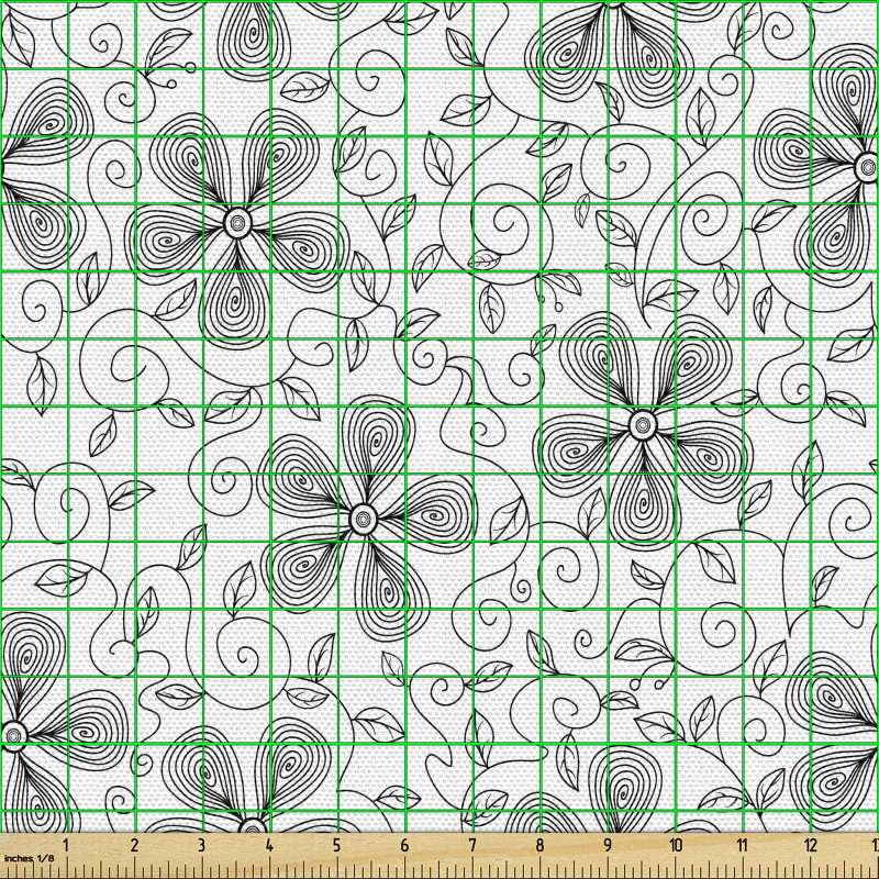 Sanatsal Parça Kumaş Monokrom Tekrarlı Çiçek Yaprak Çizimleri 